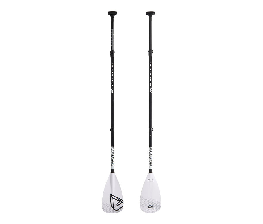 Zwei Aqua Marina SUP- und Kajak-Paddel "Solid" mit schwarzen Griffen und weißen Blättern.