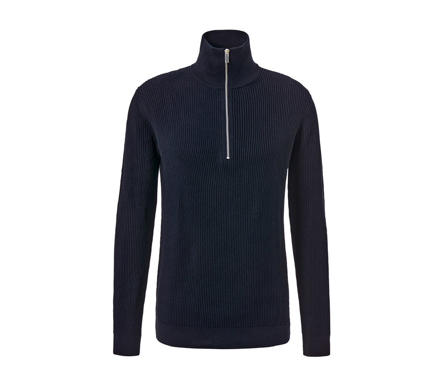 Ein marineblauer Troyer-Pullover mit silbernem Reißverschluss.