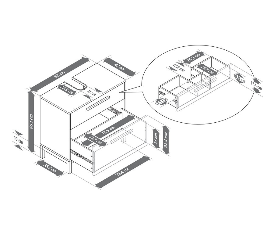 Schema des Waschbecken-Unterschranks »Eklund« mit 2 Schubladen und Abmessungen, hellgrau.