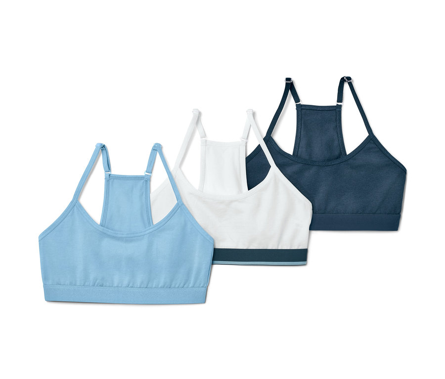Drei Mädchen-Bustiers in Blau, Weiß und Dunkelblau.