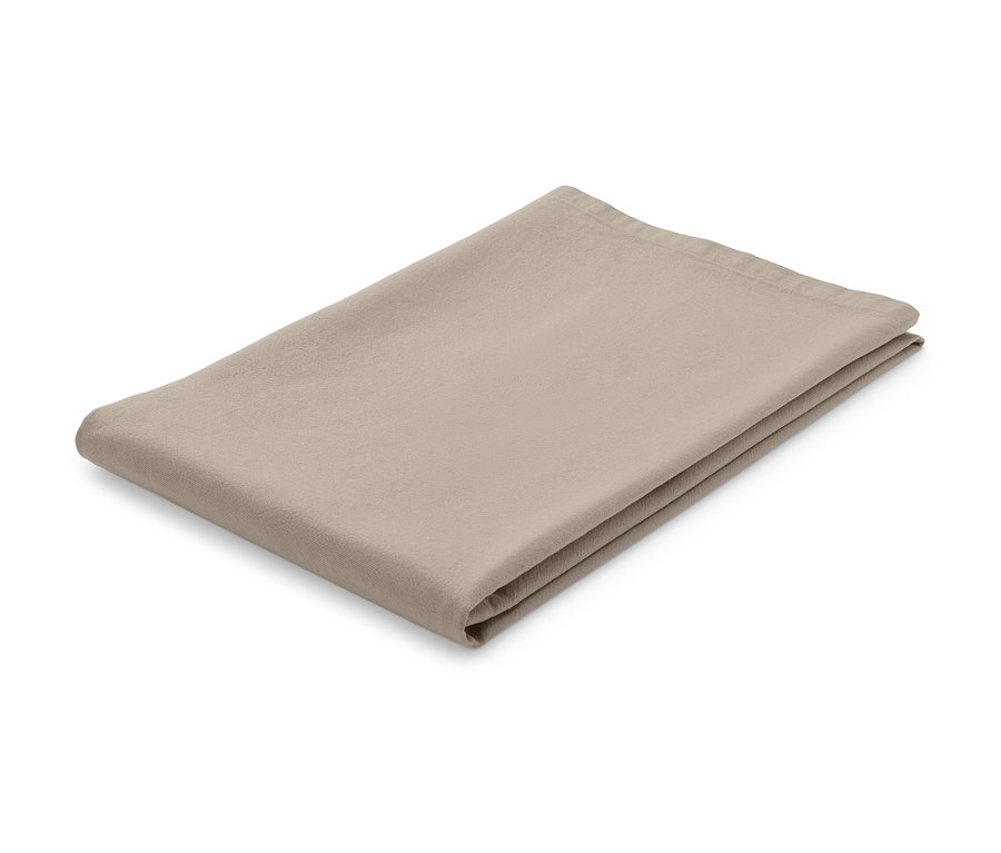 Gefaltete, beige Tischdecke aus Leinenmischung, Detailansicht.