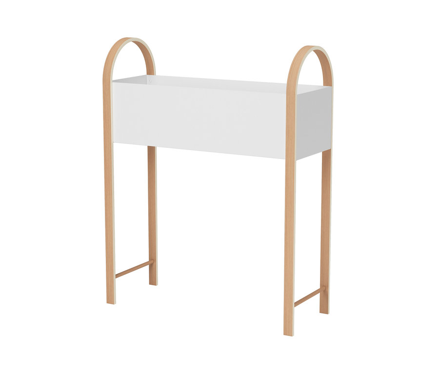 Leerer weißer Umbra Bellwood Blumenkasten mit Holzrahmen.