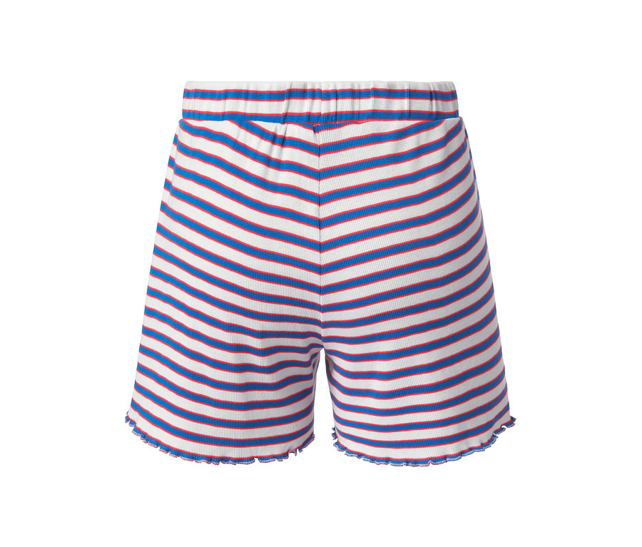 Nahaufnahme von 2 Shorts aus Rippe mit blauen und roten Streifen.