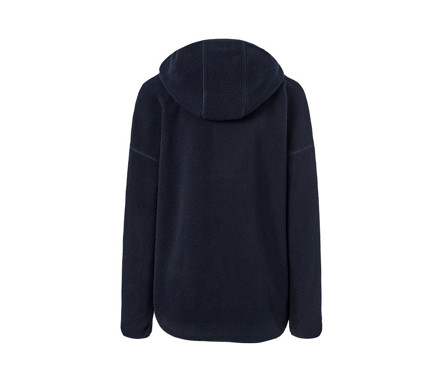 Rückansicht eines marineblauen Fleece-Kapuzenpullovers.