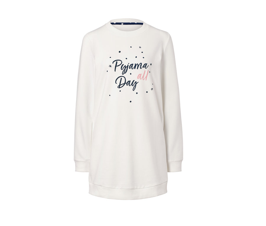 Weisses Leggings-Pyjama-Oberteil mit dem Aufdruck Pyjama all Day.