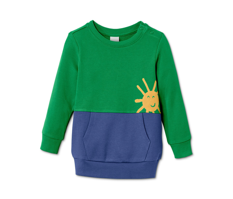 Ein grün-blaues Sweatshirt aus Bio-Baumwolle mit einer Sonne.