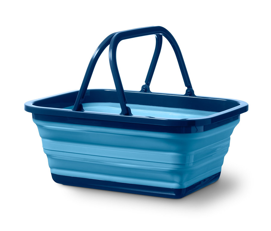 Eine faltbare Spülschüssel in Blau mit dunkelblauen Akzenten.