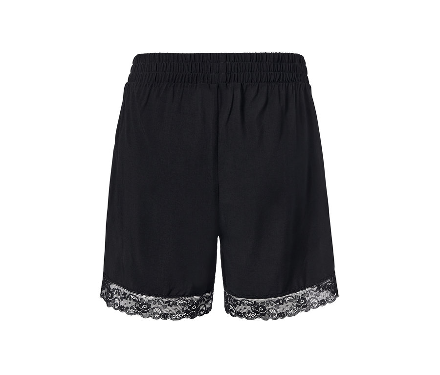 Schwarze, kurze Pyjama-Shorts mit elastischem Bund und Spitzenbesatz.