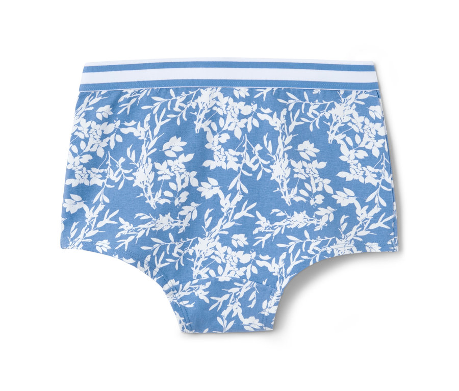 Eine blaue Mädchen-Panty mit einem weißen Blumenmuster, 1 Stück aus einem 7er-Set.