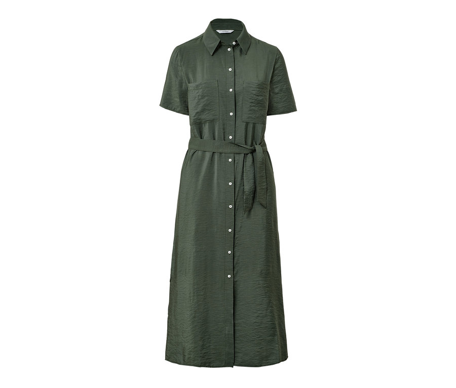 Ein grünes Hemdblusen-Kleid mit kurzen Ärmeln, Knöpfen und Gürtel.