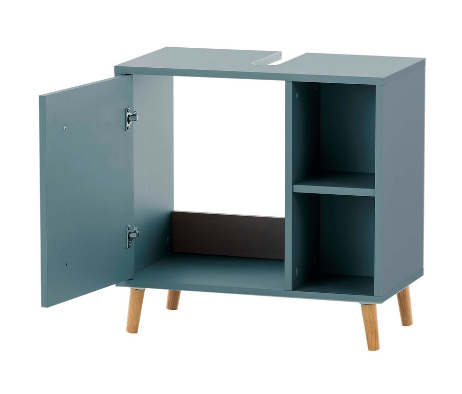 Waschbeckenunterschrank »Bjarne«, fjordblau, mit offener Tür und Regalen.