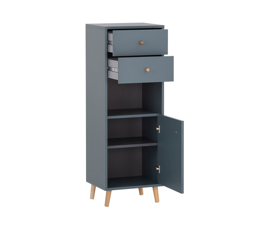 Kleines, fjordblaues Highboard »Bjarne« mit offener Schublade und Tür.