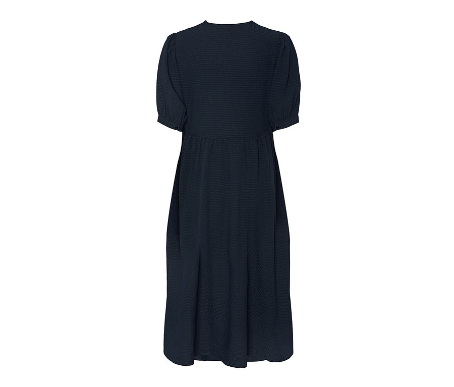 Dunkelblaues, gekrepptes Blusenkleid mit kurzen Ärmeln.
