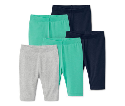Fünf Leggings, blau, grün und grau.