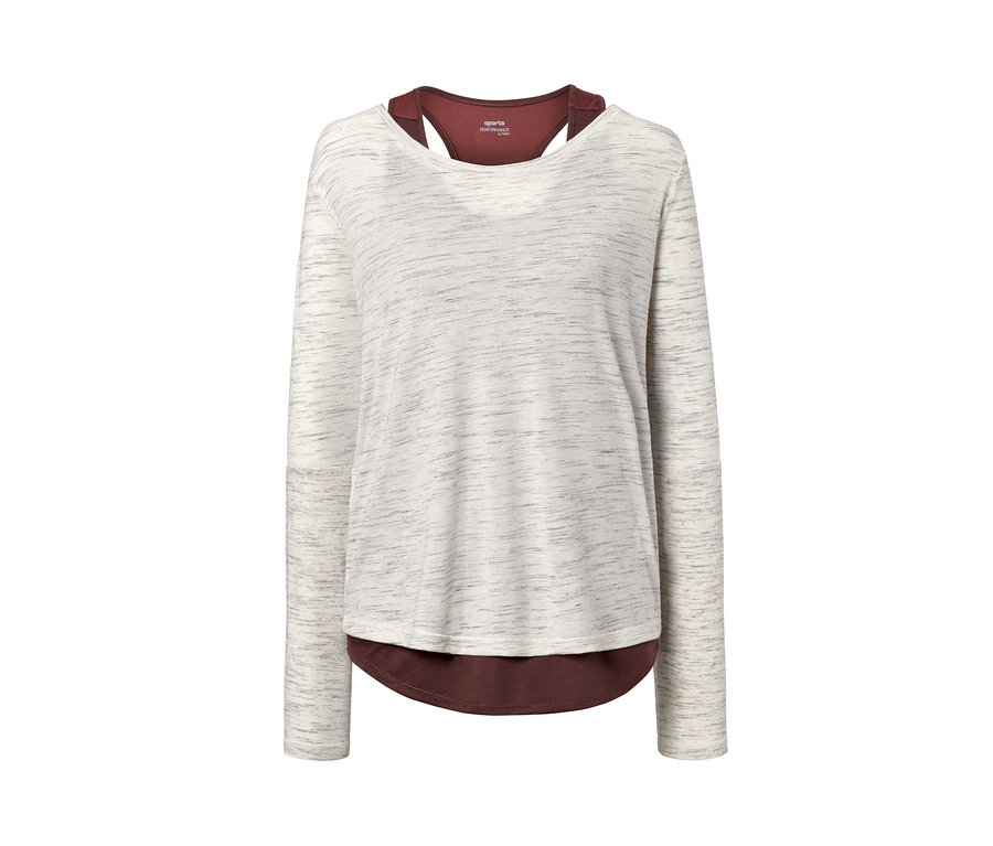 Detailansicht eines 2-in-1-Sportshirts, beige meliert und dunkelrot.