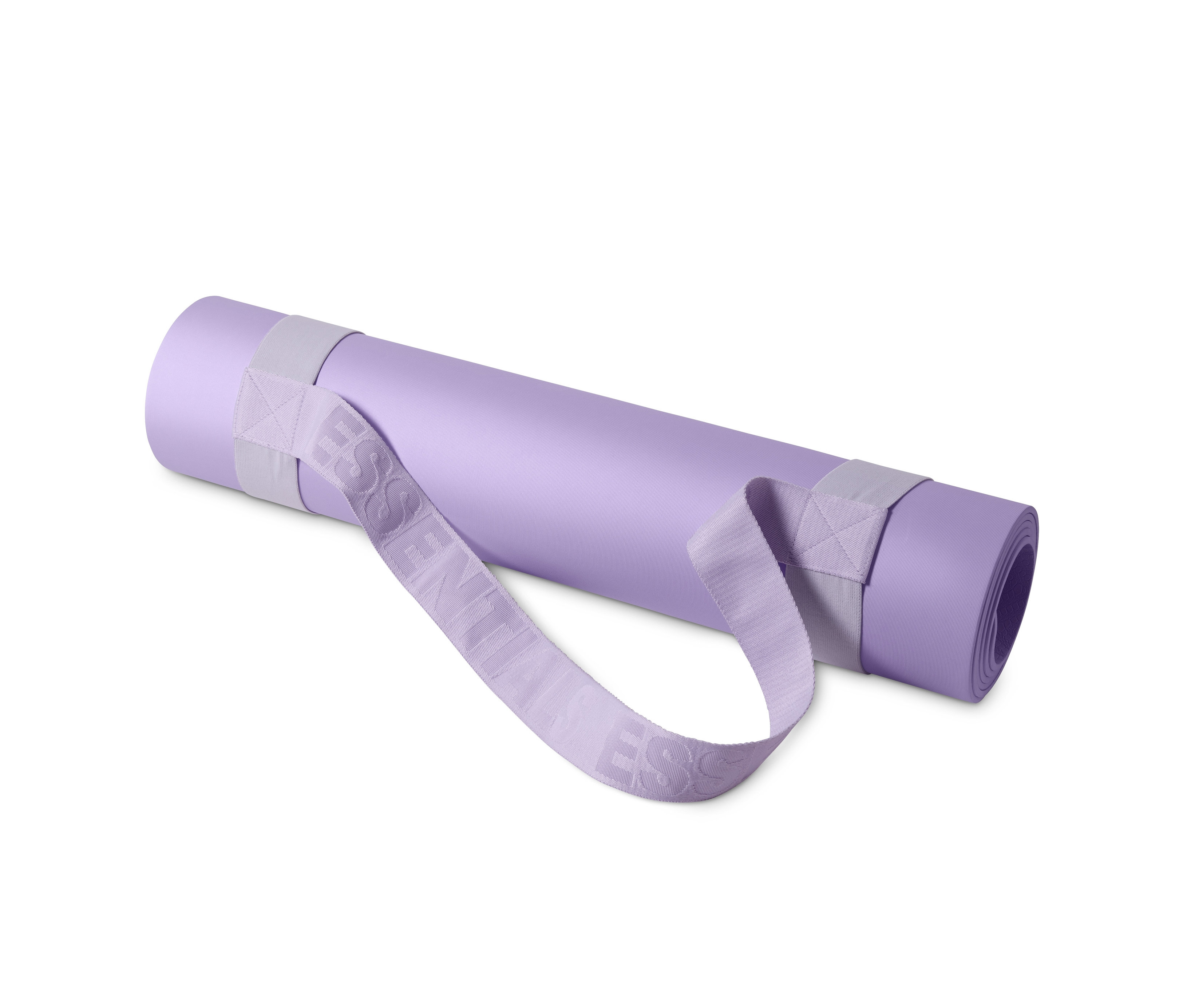 Eine zusammengerollte Yoga- und Fitnessmatte in hellem Lila mit Riemen.