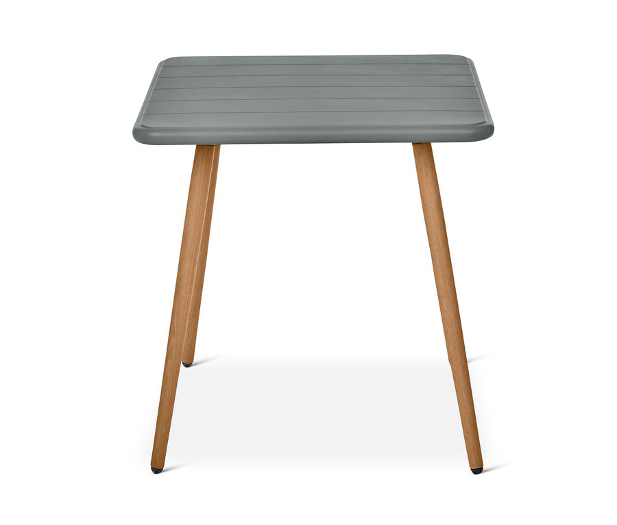 Grauer Tisch aus dem Balkonset mit recyceltem Kunststoff hat vier Beine.