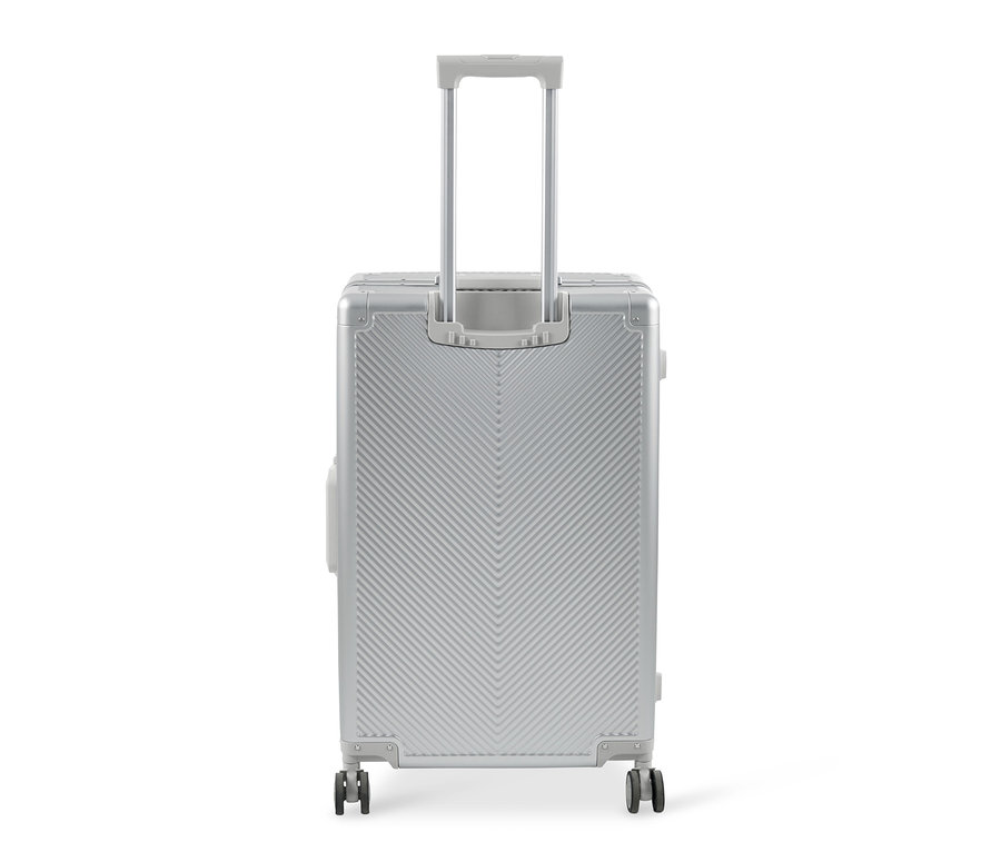 Rückansicht eines großen Aluminium-Koffers mit ausziehbarem Griff.