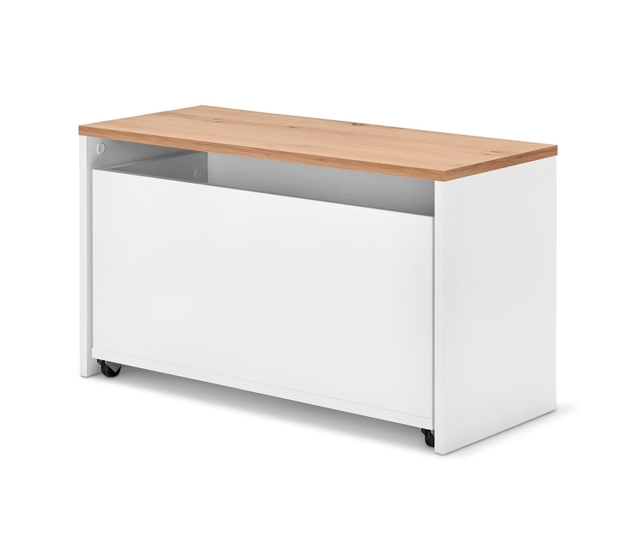 Sitzbank mit Stauraum-Box mit einer hölzernen Oberseite und weißem Stauraum.