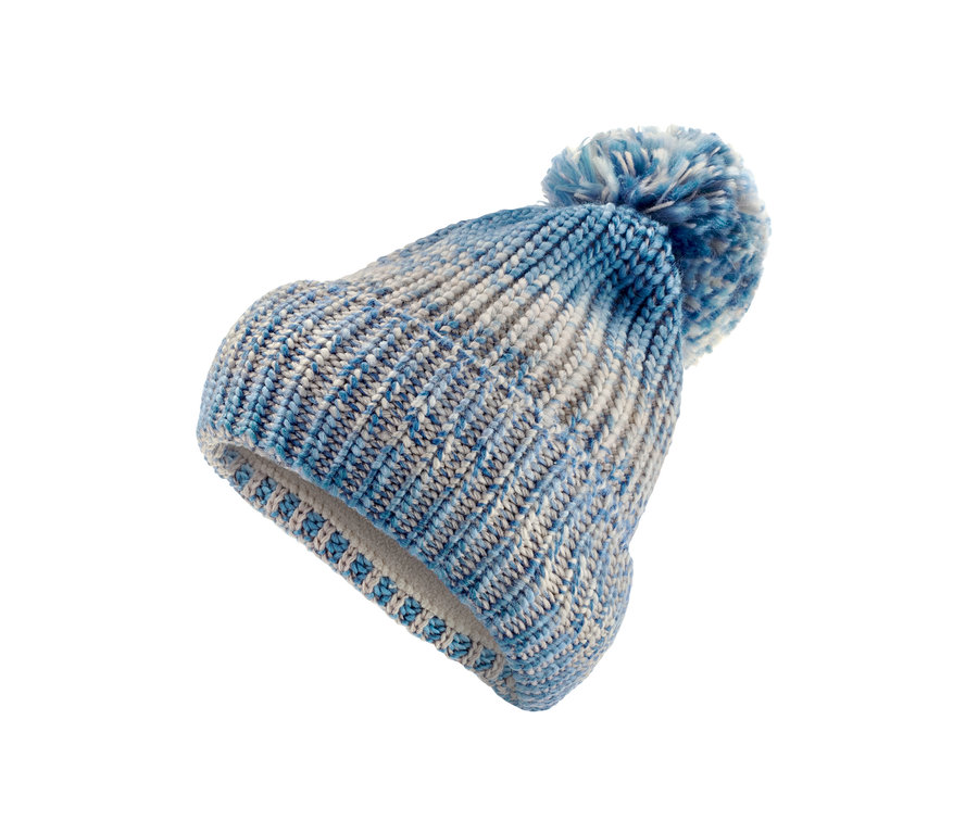 Blau-graue Strickmütze mit Bommel.