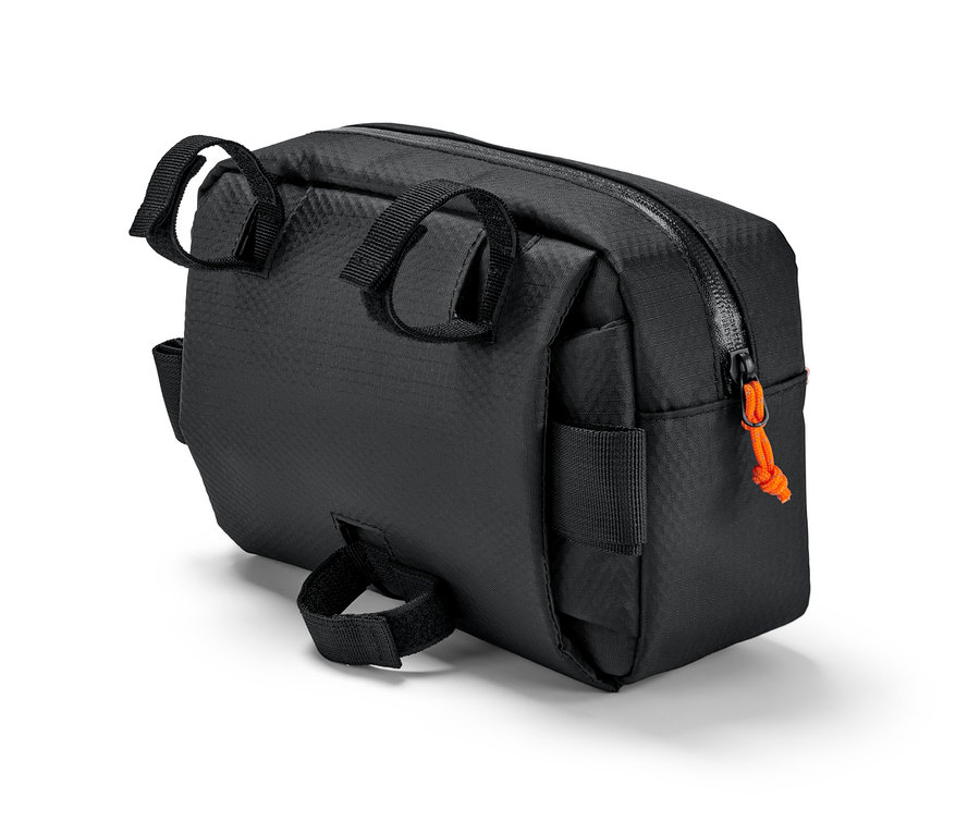 Schwarze 2-in-1-Lenkertasche mit orangefarbenem Reißverschluss.