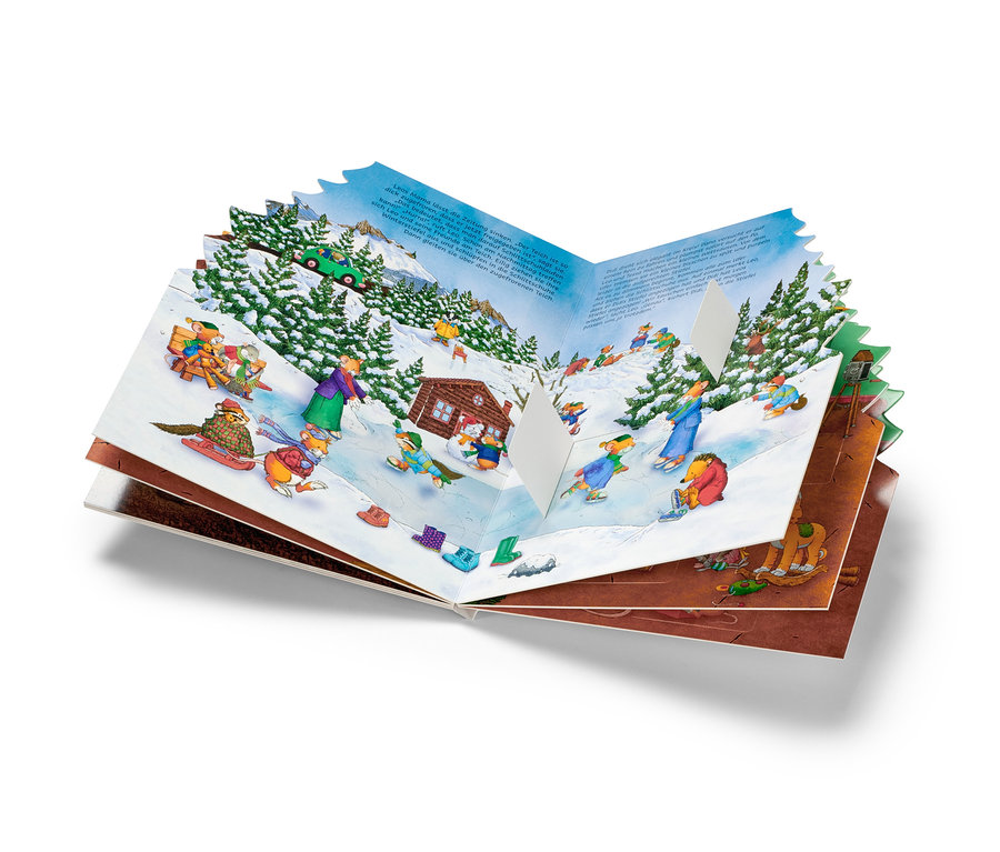 Aufgeschlagenes Buch "Leo Lausemaus – Mein weihnachtliches Wimmelbuch" zeigt Illustration einer Winterlandschaft mit Mausfiguren.