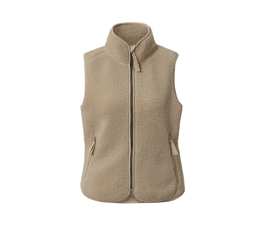 Beige Teddy-Weste mit Reißverschluss in der Mitte.