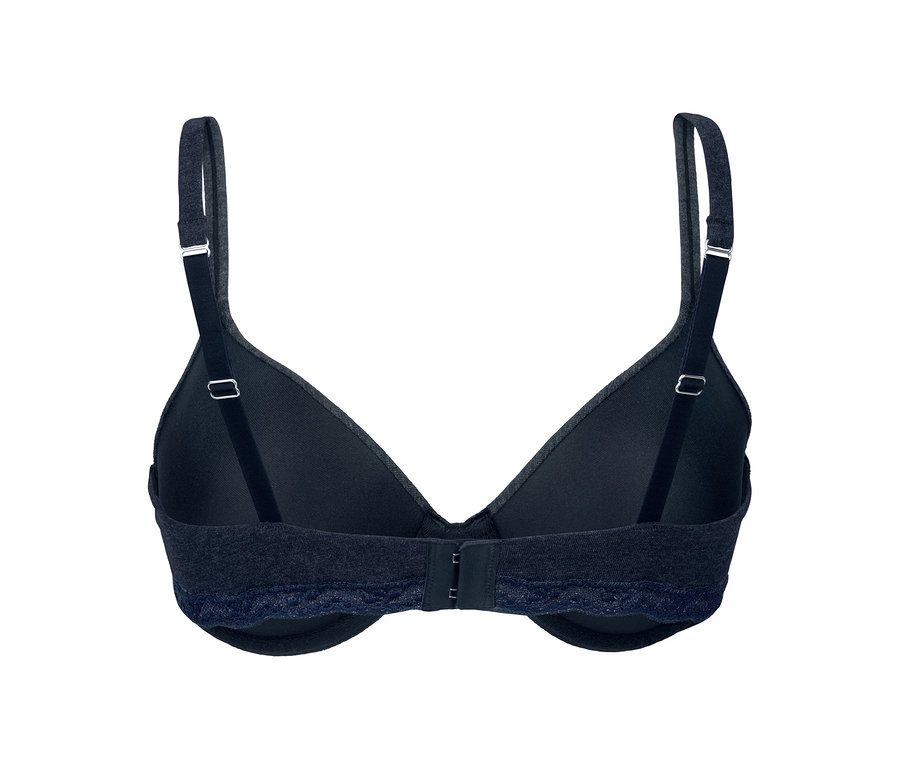 Detailansicht der Rückseite eines blauen T-Shirt-BHs mit verstellbaren Trägern.