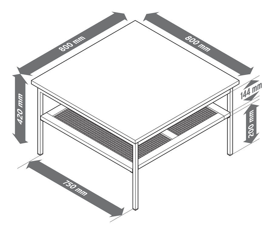 Illustration eines Couchtischs, geflochten, mit Maßangaben.