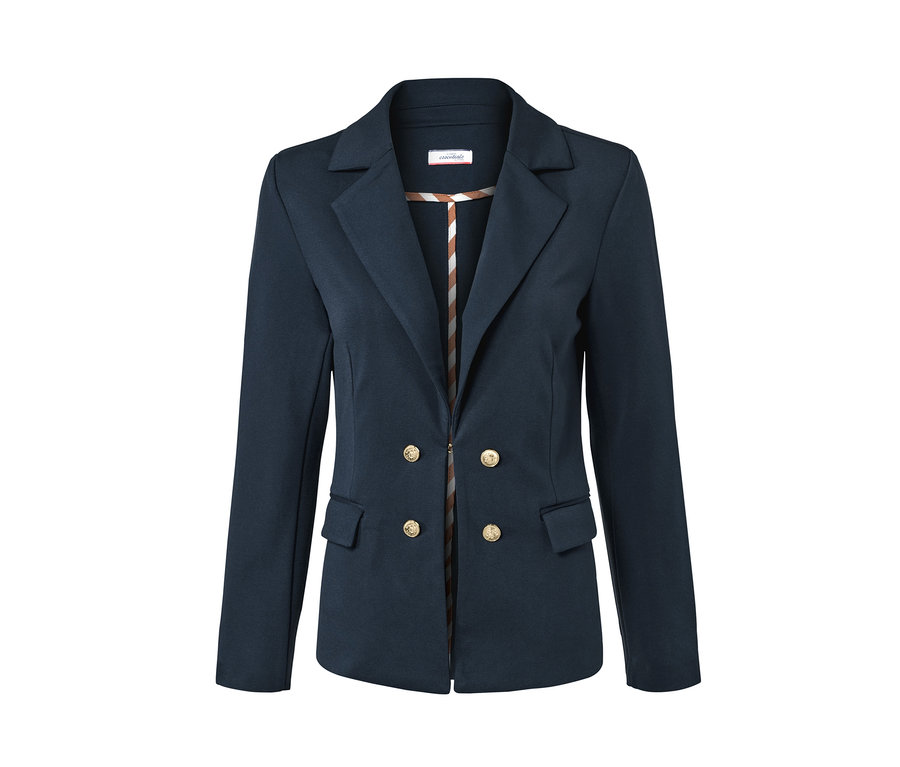 Marineblauer Sweatblazer mit dekorativen goldenen Knöpfen.
