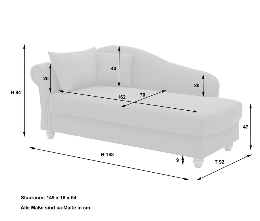 Abmessungen der Recamiere »Evelyn«, links, dargestellt mit Pfeilen und Zahlen.