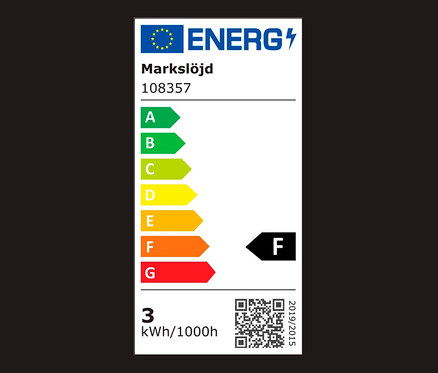 Energielabel der LED-Deckenleuchte Markslöjd 108357, Klasse F, Verbrauch 3 kWh/1000h.