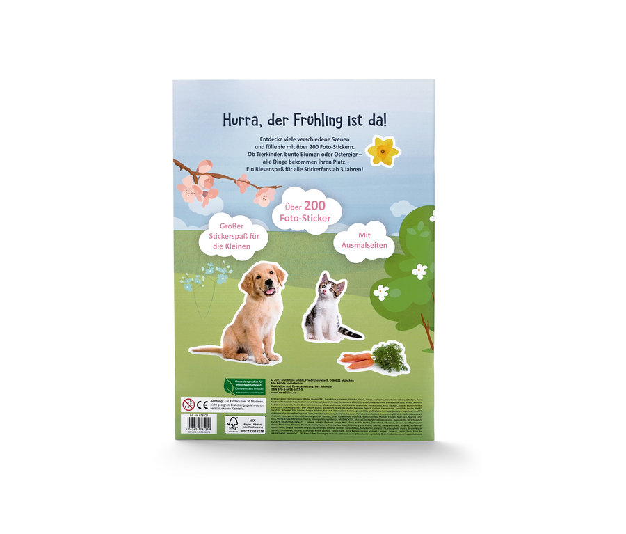 Cover eines Buches mit Bildern von einem Welpen, einem Kätzchen und Karotten. Buch »Mein Foto-Stickerbuch – Frühling«