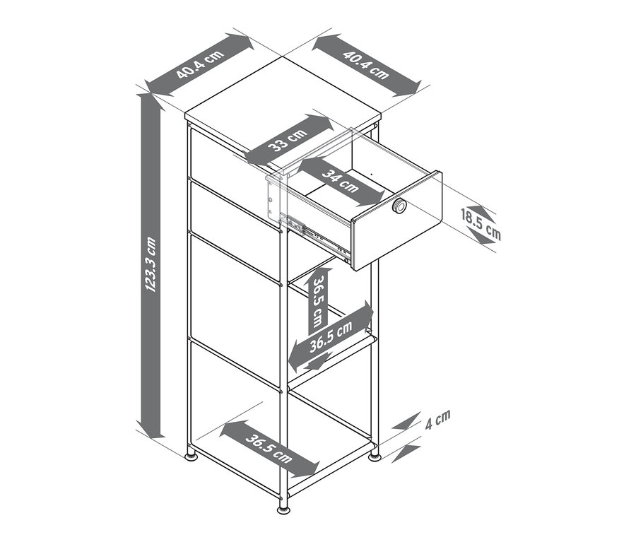Skizze einer schmalen, weißen Metallkommode »CN3« mit Holzplatte und 2 Schubladen, wobei eine Schublade geöffnet ist.