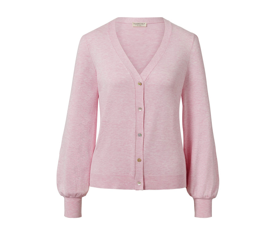 Roséfarbener Feinstrick-Cardigan mit Knöpfen und langen Ärmeln.