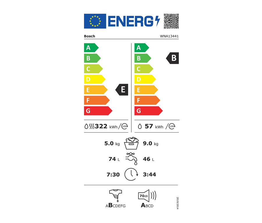 Energielabel für den Bosch Waschtrockner »WNA13441« mit der Energieeffizienzklasse E, einem Verbrauch von 322 kWh/100 Zyklen, einer Waschkapazität von 5 kg und einer Trockenkapazität von 9 kg.