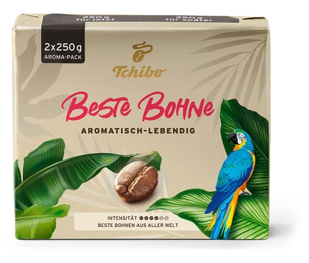 Eine Packung von Tchibo Beste Bohne - 2x 250 g Gemahlen Kaffee mit einer Abbildung einer Kaffeebohne und eines Papageis.