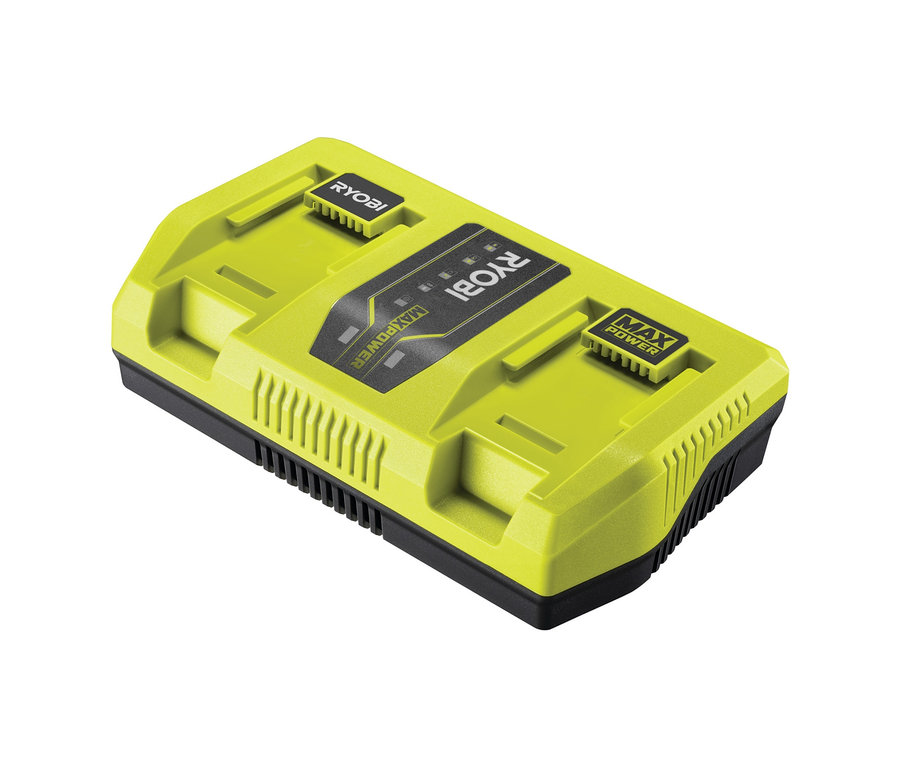 Ein gelbes und schwarzes RYOBI 36 V MAX POWER 2-fach-Parallel-Schnellladegerät, 6,0 A Ladestrom.