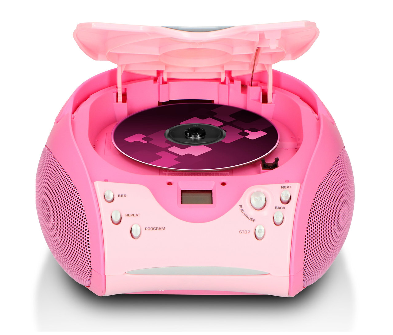 Ein pinkfarbener Lenco »SCD-24 Boombox« CD-Player mit Radio und Kopfhöreranschluss, der Deckel ist geöffnet und eine CD liegt drin.