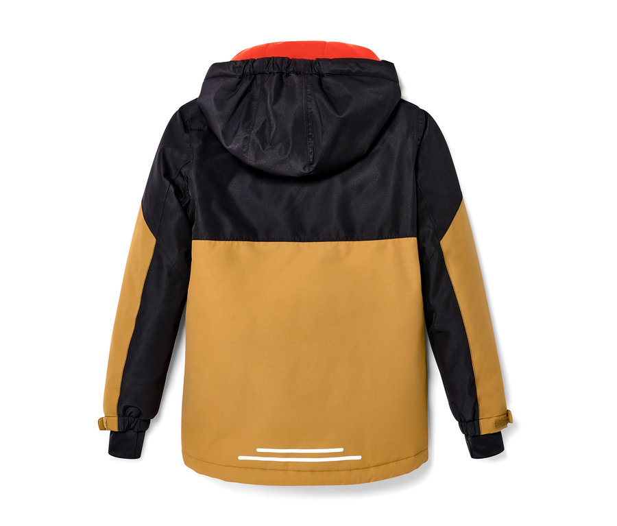 Detail einer Kinder-Snowboardjacke mit Kapuze in Schwarz und Braun.