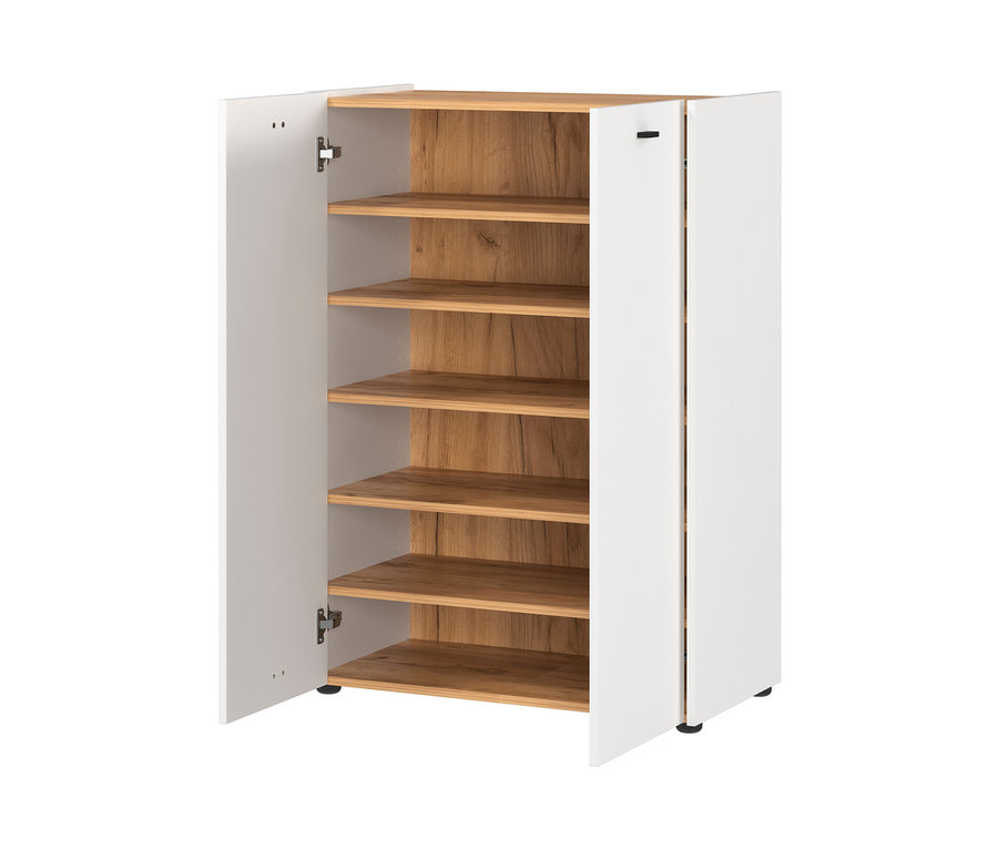 Geöffneter Schuhschrank „Lucena“ mit fünf Holzböden.