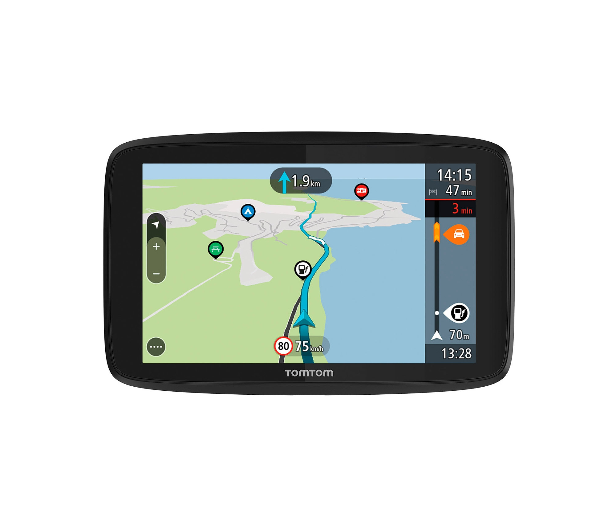 Das TomTom GO Camper Tour Navigationsgerät zeigt eine Karte mit Routen- und Verkehrsinformationen.