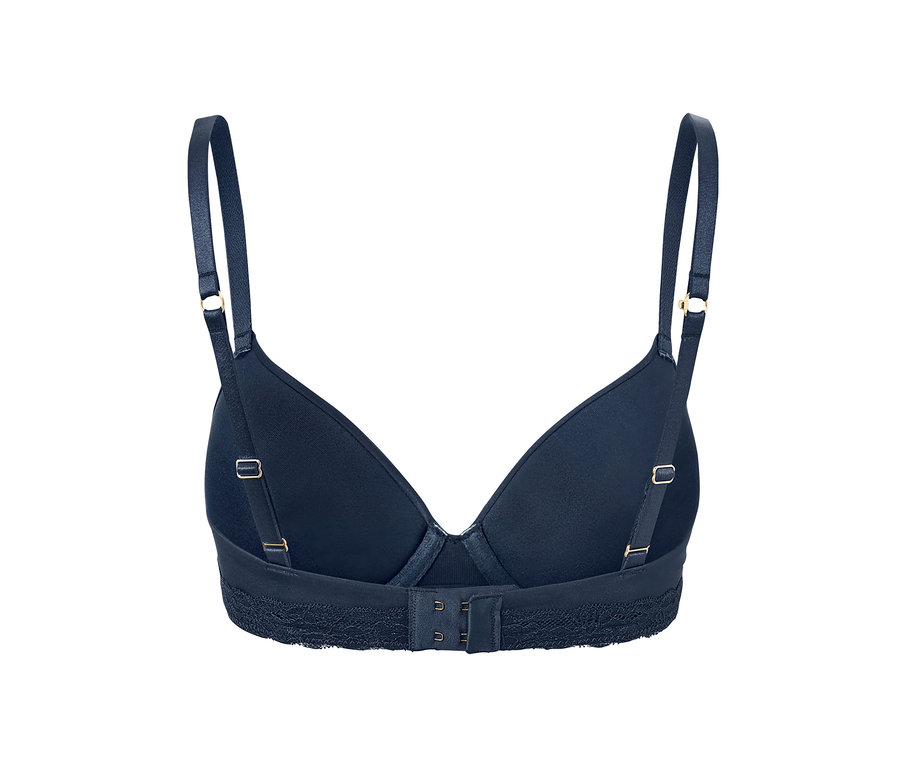 Detailansicht von hinten eines marineblauen T-Shirt-BHs mit Spitzenband.