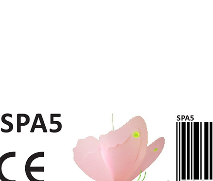Informationsetikett mit Details zur Deckenlampe "Schmetterling". Abgebildet sind ein Energielabel, ein Barcode und eine CE-Konformitätskennzeichnung.