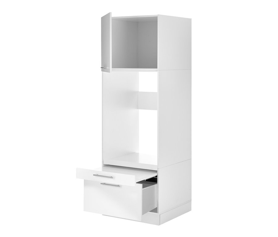 Ein weißer Respekta Waschmaschinenschrank mit offenem Oberschrank und teilweise geöffneter Schublade.