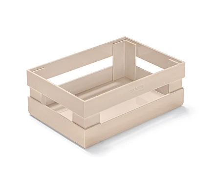 Eine beigefarbene Aufbewahrungsbox.