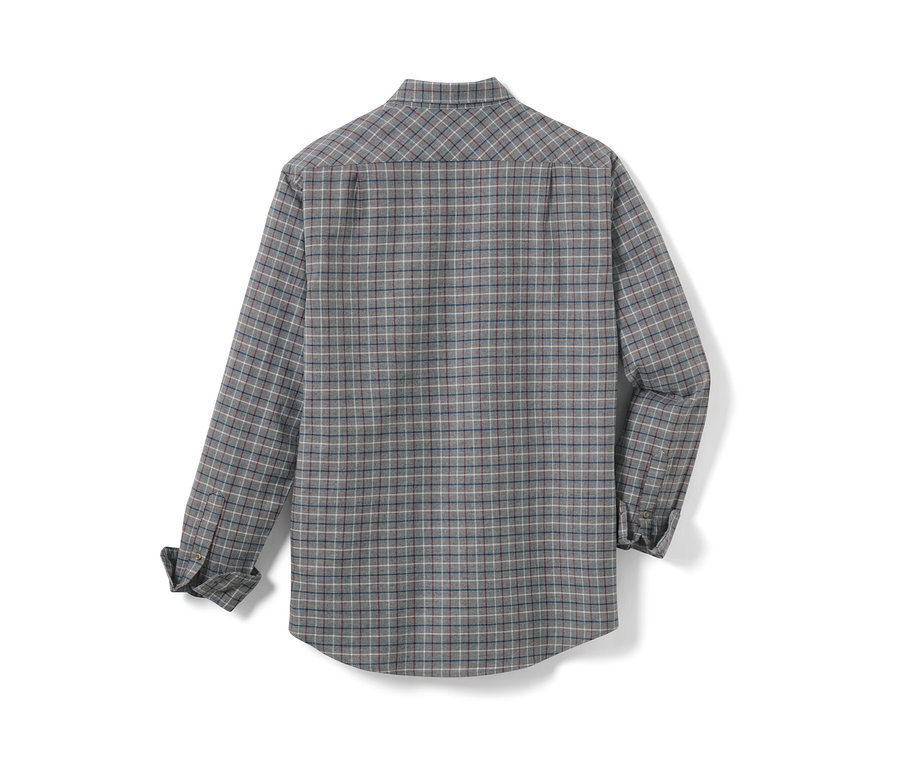 Detailansicht eines grauen Flanellhemdes mit Karomuster.