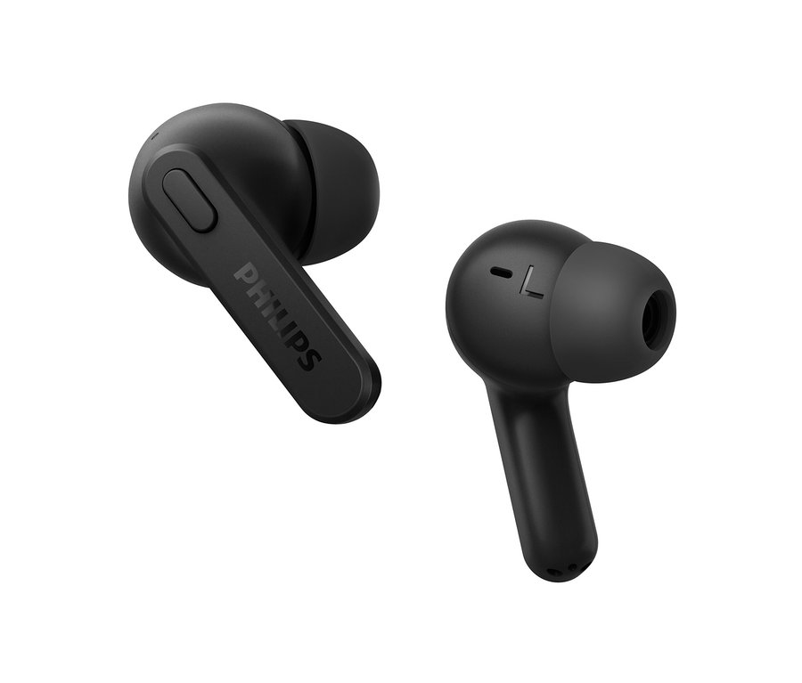 Zwei schwarze Philips TWS-In-Ear-Kopfhörer »TAT2206«.