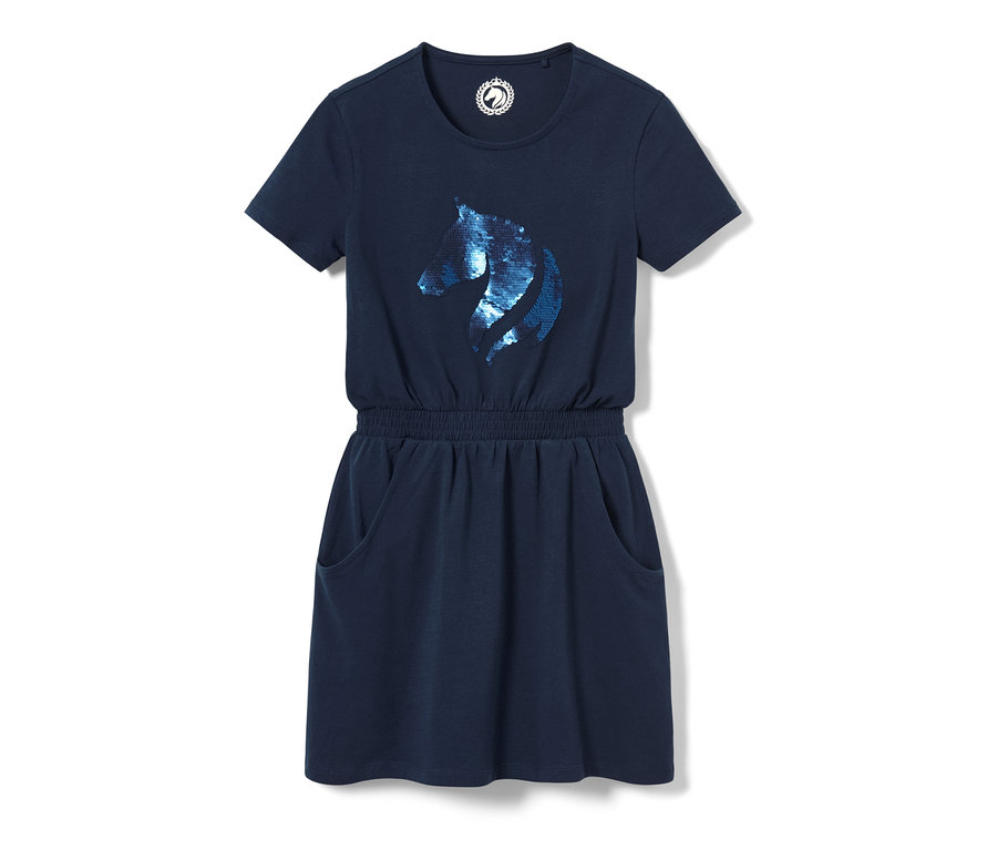 Ein blaues Kinder-Jerseykleid mit einem wendepaillettenbesetzten Pferdekop.
