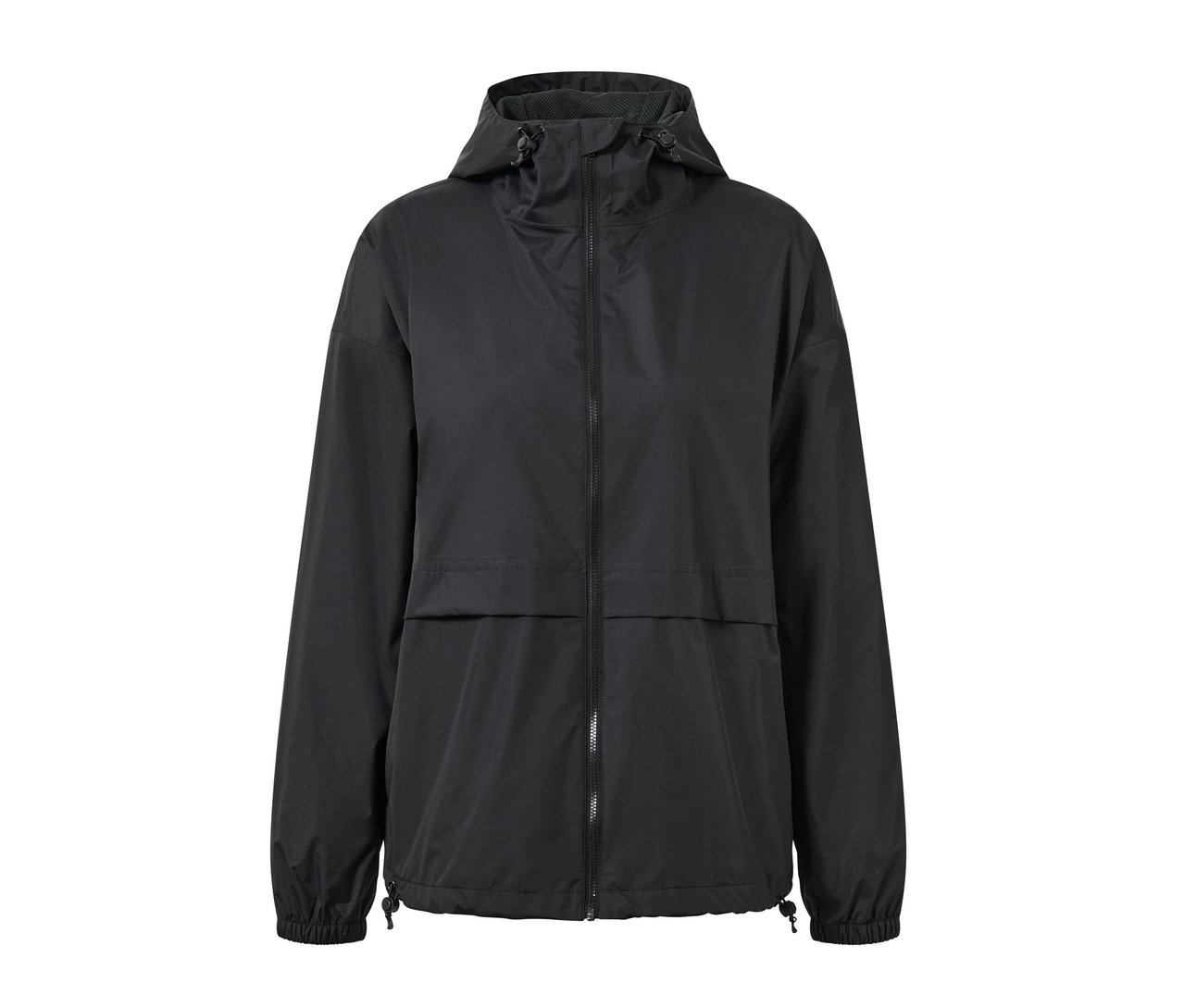 Schwarze Regenjacke mit Kapuze.